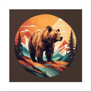 Geometric Bear In Mountain Forest Posters and Art